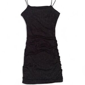 Black sparkly mini dress with open back and ruched detailing on sides - size S